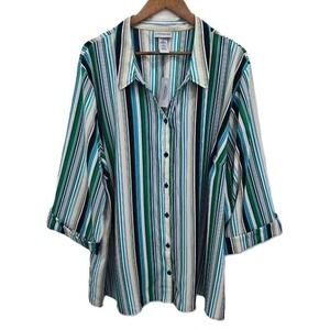 Catherines Striped Button Front Roll Tab Sleeve Blouse 4X Plus NWT Green Top
